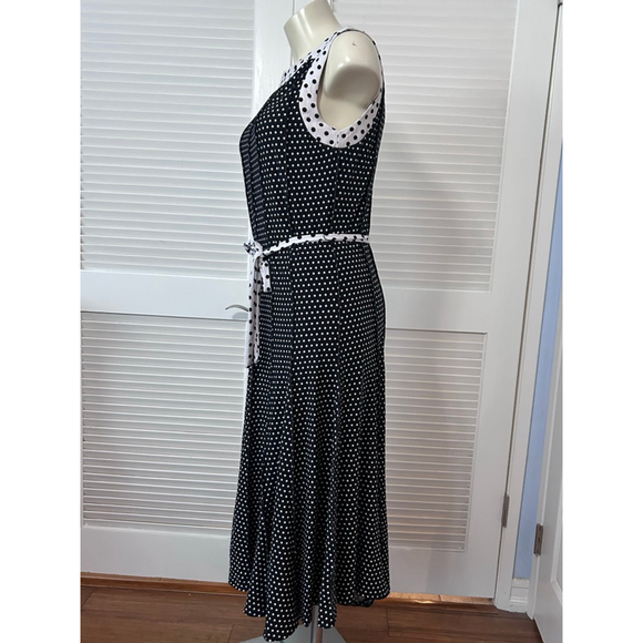 Haani Polka Dot Midi Dress Women’s L Black White Sleeveless Belted - Picture 3 of 11